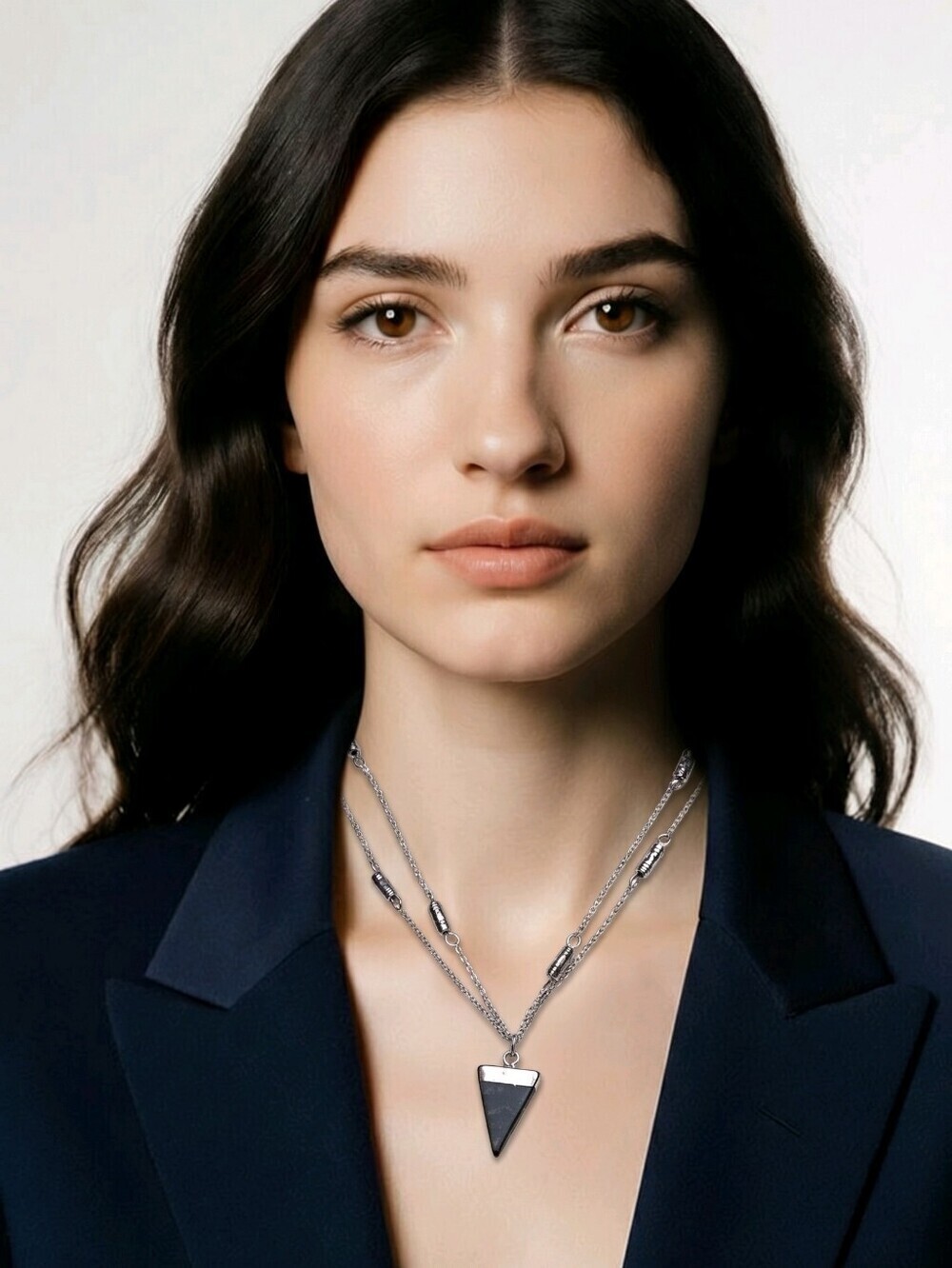 NWT Silver Layered Necklace with Black Triangle Pendant - Women's Jewelry 28"